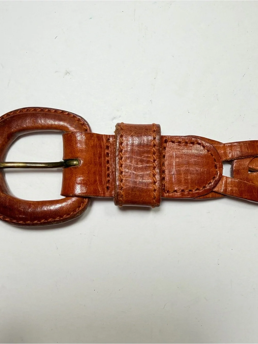 Vintage 90s Cognac Brown Leather Interlocking Puzzle Link Belt Women L /XL Boho